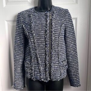 Michael Kors Tweed Jacket Blue Zip Women Small pattern fringe business feminine